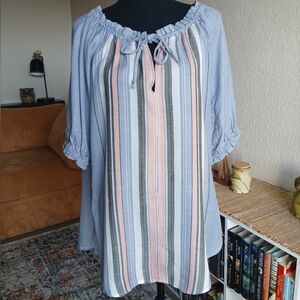 dylan Off-Shoulder Blouse - Blue and Pink Stripes
